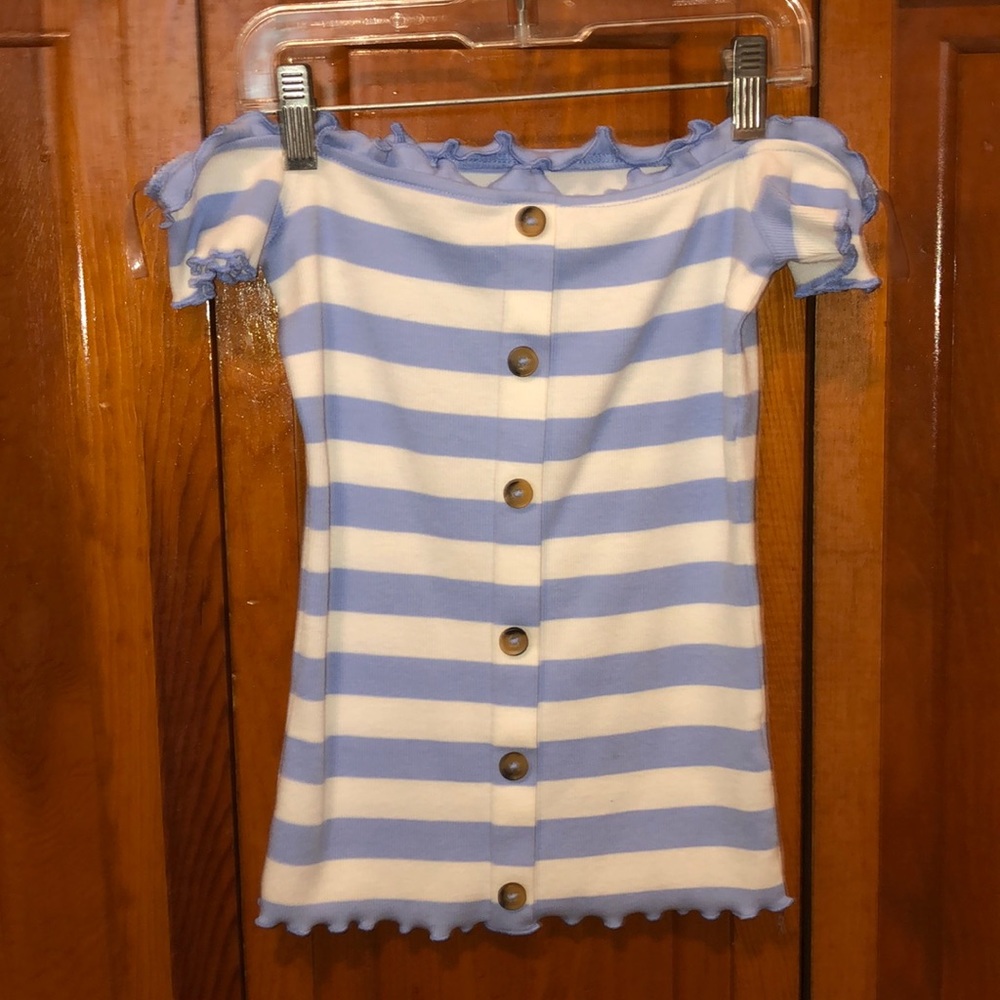off the shoulder, light blue striped shirt